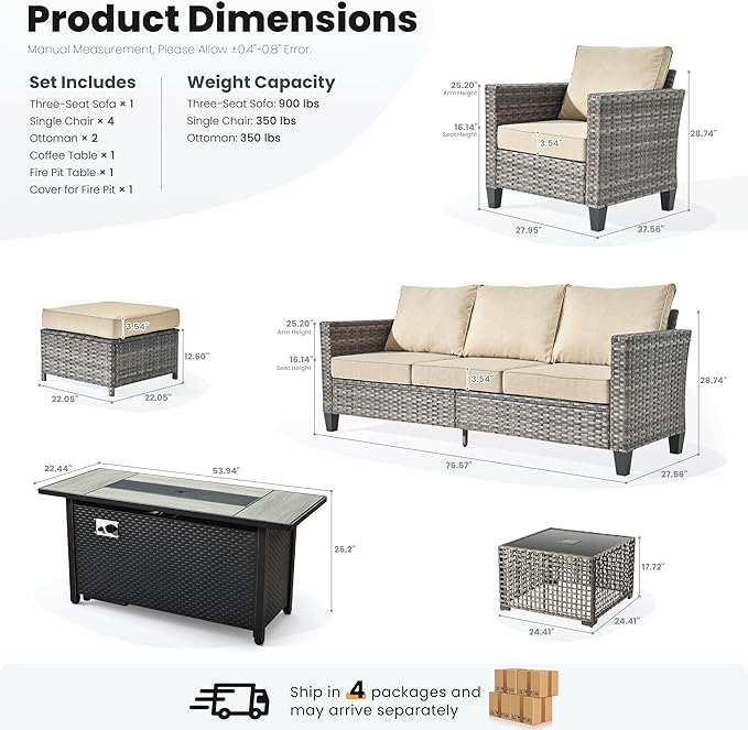 ovios 9 Pieces Patio Furniture Set with 54" Fire Pit Table, Outdoor Sofa Couch with Solar Lights Table Comfy Cushions, Modern Deep Seat Wicker Rattan Conversation Set, Beige