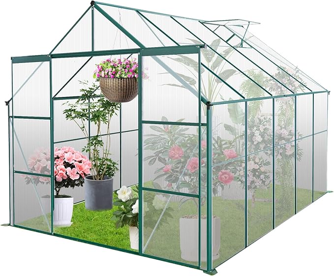 8×10 FT Greenhouses for Outdoors,Polycarbonate Greenhouse, Aluminum Heavy Duty Walk-in Garden Plants Green Houses, Raised Base and Double Sliding Door for Outside Backyard, Green