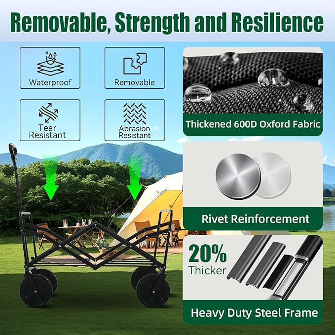 52" L Collapsible Wagon Cart Foldable, 300L 560lbs Weight Capacity, Heavy Duty Beach Wagon with Big Wheels, Shopping Carts for Grocery, Camping, Shopping, Beach, Garden Cart