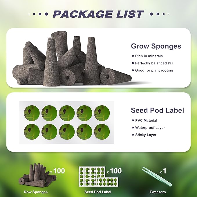 100 Pack Hydroponics Grow Sponges - Replacement Root Growth Sponge Seed Pods for Hydroponic Garden Indoor Growing System, Seed Starter Sponges Pod Kit with 100 Labels and 1 Tweezers