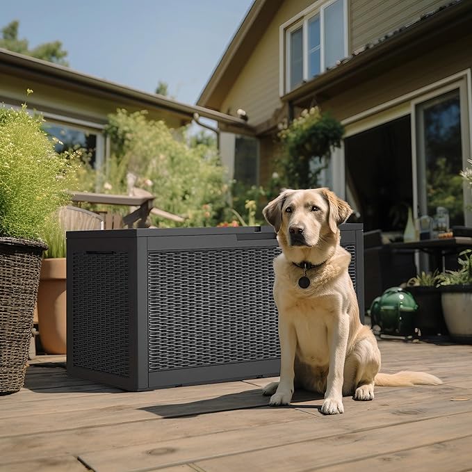 ROJIK Outdoor Storage Housing Deck Box - Waterproof Patio Furniture, Garden Tools, Cushions, Pool Accessories Storage Bench with Lockable Lid and Side Handles (Black 100 Gal)