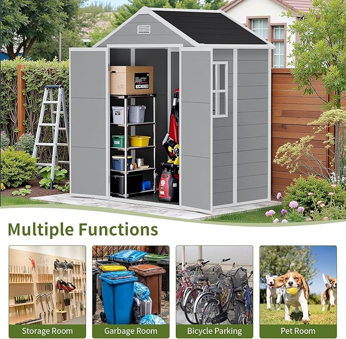 6×5 Light Grey Resin Outdoor Storage Shed with Floor Included & Window – All-Weather Lockable PP Plastic Garden Shed for Garden, Patio, Backyard | Stores Lawn Mowers, Bikes & Tools