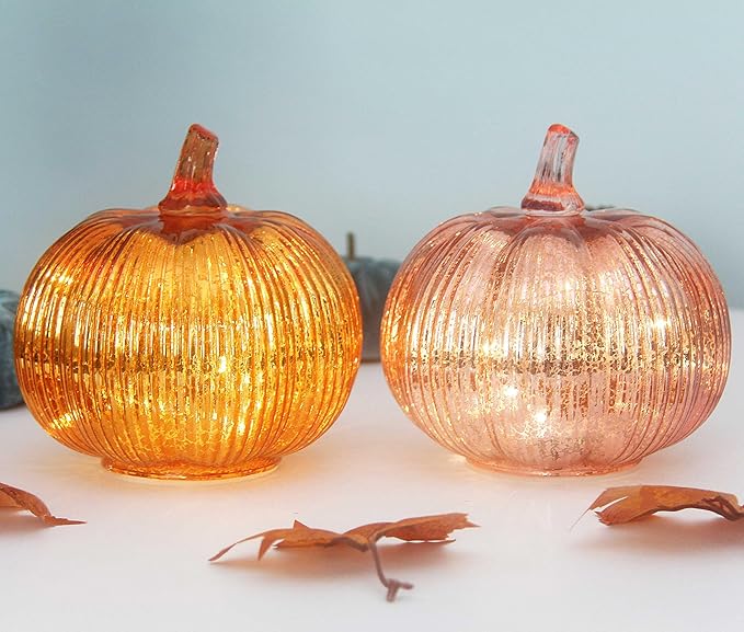 Mercury Glass Pumpkin Lights with Timer, Battery Operated Led Pumpkin Lights for Halloween Fall,Thanksgiving Rustic Decor (Gold Fine-Striped, 6")