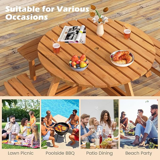 Tangkula 8-Person Wood Picnic Table, Outdoor Round Table and Bench Set with 4 Built-in Benches, Umbrella Hole, Perfect for Outside, Patio, Garden, Backyard, Porch