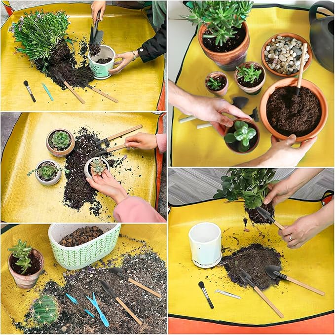 2Pcs Repotting Mat for Plant Transplanting, 39'' Gardening Mat and 26'' Orange Potting Mat for Indoor, Thicker Potting Tray with Plant Accessories Foldable Waterproof Planting Mat for Plant Lovers