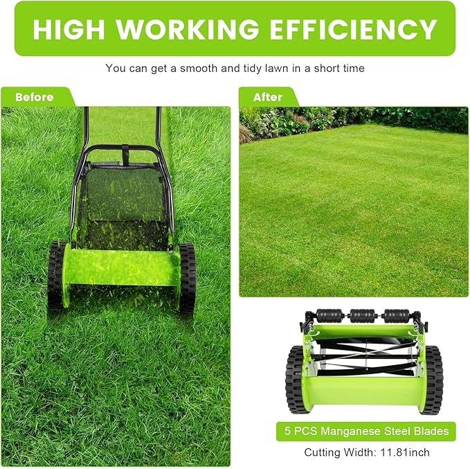 12 Inch Manual Lawn Mower, 5-Blade Push Reel Lawn Mowers Lawn Mower with 6 Gallons Grass Catcher for Picking Up Leaves, Grass, Driveways(Green)