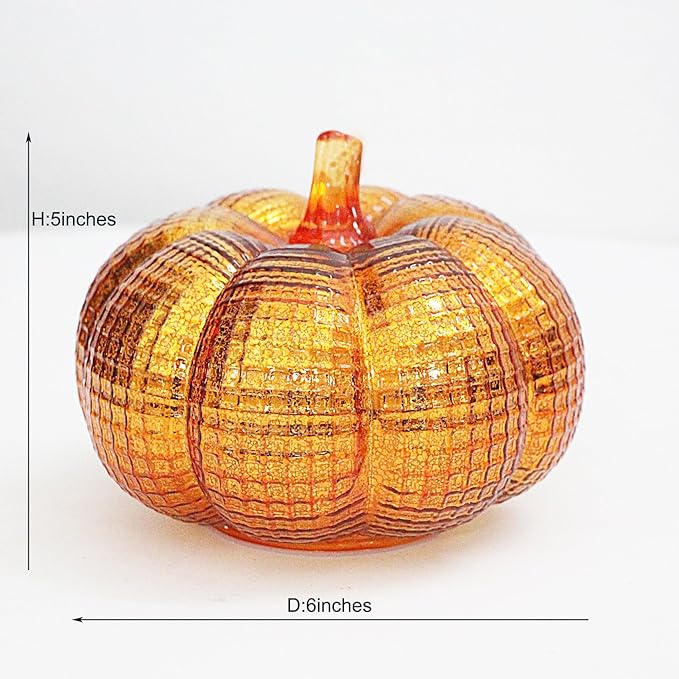 Mercury Glass Pumpkin Lights with Timer, Battery Operated Led Pumpkin Lights for Halloween Fall,Thanksgiving Rustic Decor (Gold Grid-Patterned, 5.5")