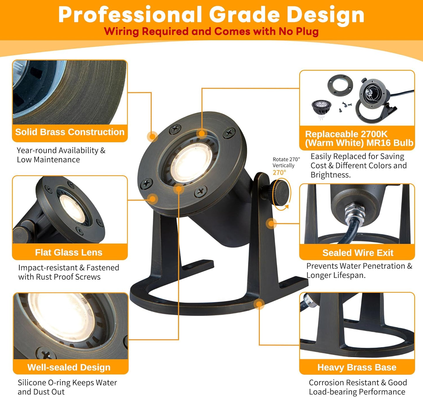 Bronze Pond Light - 12V Low Voltage Solid Brass Submersible Pondlight, IP68 Waterproof Fixture with 2700K MR16 LED Bulb for Outdoor Garden, Landscape, Waterfall, Fountain Lighting(8 Pack)