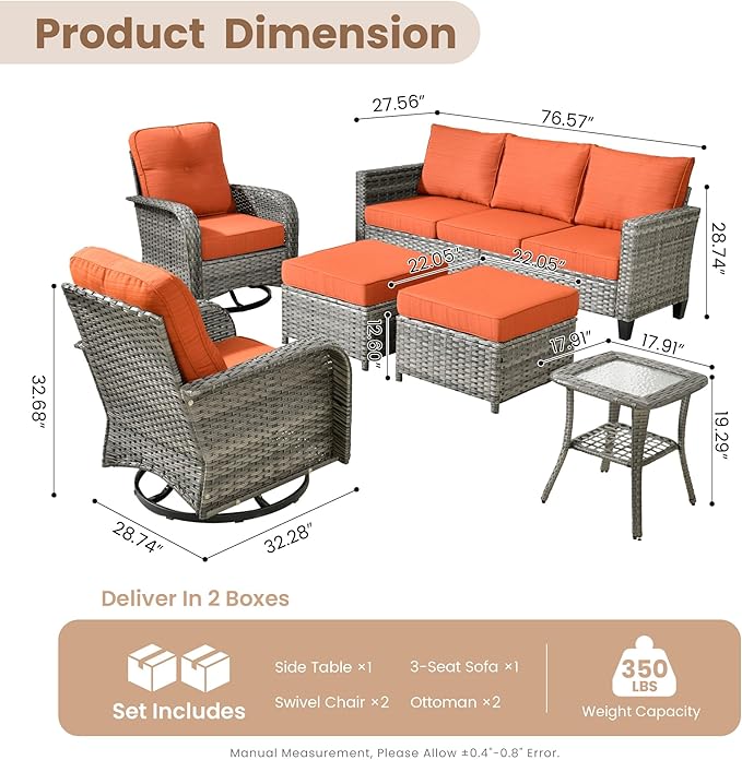 HOOOWOOO Outdoor Patio Furniture Set,6 Pieces Wicker Conversation Set,All Weather Couch Set with Swivel Chairs Ottoman Side Table 7 Seaters for Out Door Yard(Brick Red)