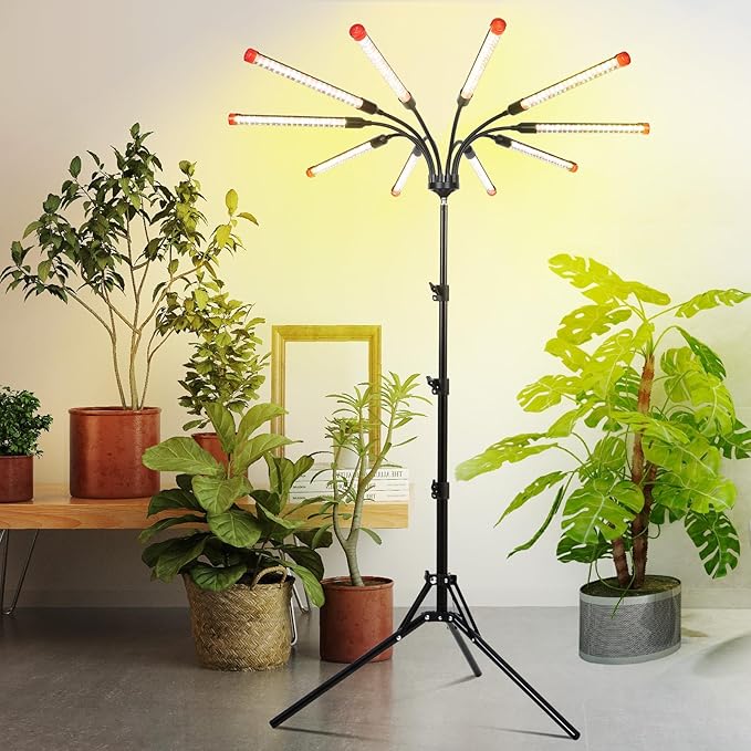 10-Head Grow Light with Stand and Timer, 90 Watt Power Home Plug LED Grow Lights for Indoor Plants for Tall Houseplants, Bonsai Tree, Seed Starting, 24"-64" Adjustable Height
