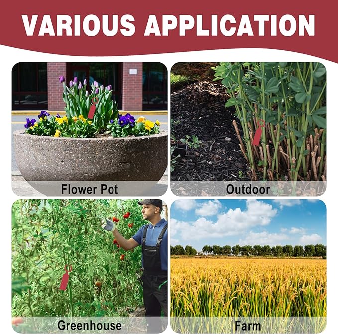 Plant Labels Yuanling 100Pcs Plastic Waterproof Plant Tree Tags Nursery Garden Markers for Indoor Outdoor Gardening Plants Vegetables Flowers Potted (Red Color with 1 Marker Pen)