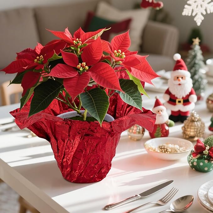 Adnee 10 Yard Floral Foil Plant Pot Covers,Matte Texture Christmas Plant Pot Foil,Red Floral Pot Wrapping Paper for Christmas Home Flower Pot DIY decor