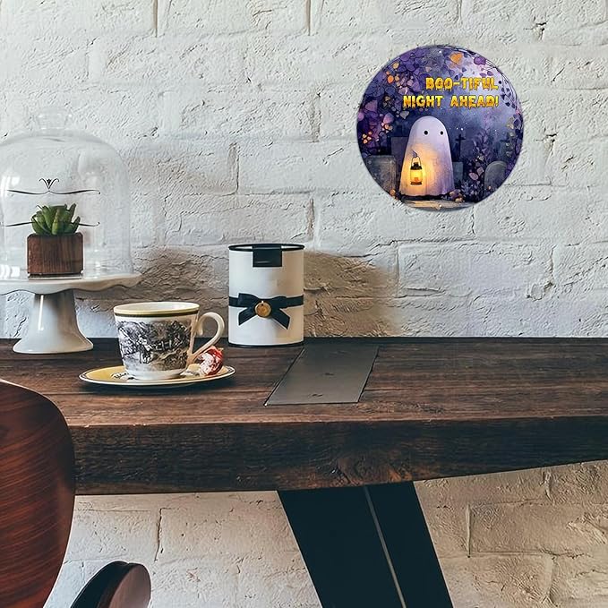 PEACHGARDEN Vintage Bootiful Night Ahead Ghost Metal Tin Sign Halloween Decor Gothic Wall Art Retro Plaque Spooky Home Kitchen Decor 8x8inch