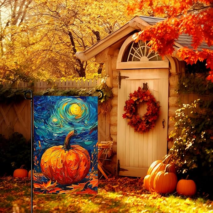 Fall Garden Flag Pumpkin Maple Leaf Yard Flags Van Gogh Garden Flags Art Starry Night Sky Moon Garden Flags Autumn Harvest Thanksgiving House Banner for Patio Farmhouse Outdoor 12 x 18 Inch