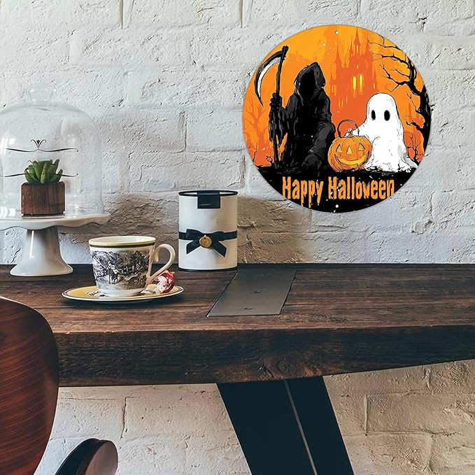 PEACHGARDEN Happy Halloween Round Metal Tin Sign Gothic Decor Vintage Wall Art Retro 12x12inch
