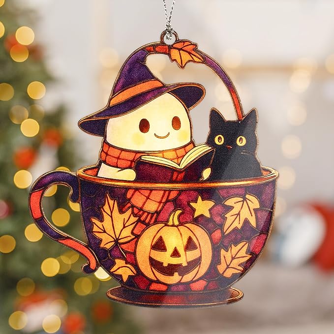 Cute Ghost Halloween Ornament – halloween ornament – ghost gifts – black cat decor – holiday ornament – Suncatcher effect window hanging – Car Hanging