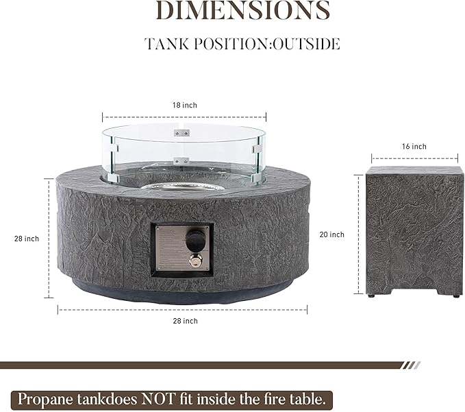 Cosiest Propane Fire Pit with Wind Guard&Tank Cover for Outside, 28 in Round Gas Fire Pits for Outdoor Patio, CSA Certified, 50000 BTU Concrete Rectangle Base with Rain Cover, Free Lava Rocks