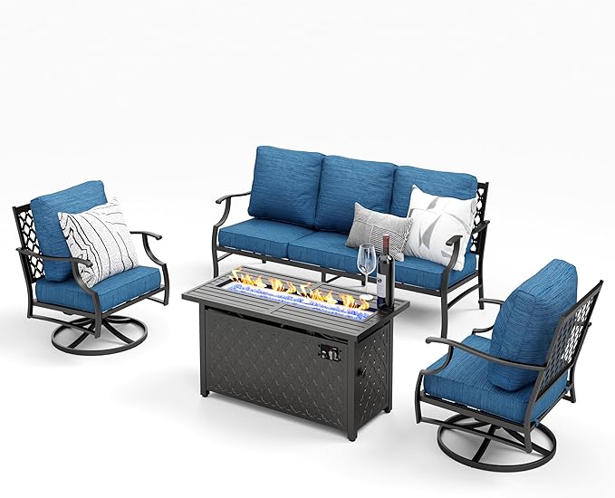 Patio Furniture Set, 4 Pcs Metal Outdoor Conversation Set, 2 Swivel Chairs and 3 Seater Sofa with 5.75" Extra Thick Cushion and Gas Fire Pit Table for Backyard Deck, Gemstone Blue