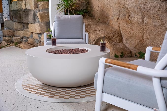 AMS Creations | Eclipse 44" Round Cast Concrete Propane Gas Fire Pit Bowl Table | Cream White | Smooth Texture Surface | Electronic Ignition | Outdoor Patio Heater Outside Backyard Fireplace