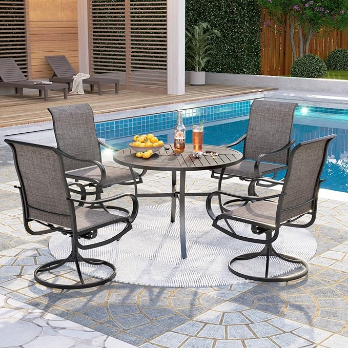 PHI VILLA Patio Dining Set 5 Piece, 4 Breathable Textilene Swivel Patio Chairs and 1 Round Metal Table with 1.57" Umbrella Hole, All Weather Resistant for Lawn Garden