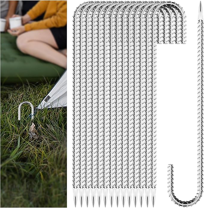 10 Pieces 12 Inch Long 1/4In Diameter Heavy Duty J Hooks,Heavy Duty Rebar Metal Fence Ground Garden Tent Stakes,Ground Spikes Anchors for Fencing,Outdoor Chicken Wire Trellis Stakes,Anti-Rust Silver