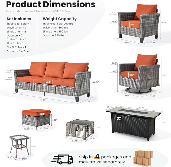 ovios 10 Pieces Patio Furniture Set with Swivel Chairs Rocking Gliders, 54" Fire Pit Table, Outdoor Sofa Couch with Solar Lights Table, Modern Deep Seat Wicker Rattan Conversation Set, Orange Red