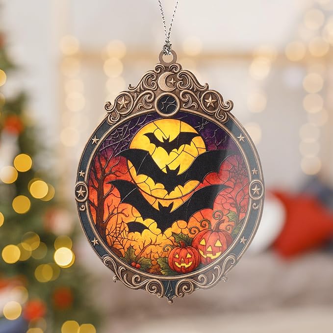 Halloween Bat Ornament – Pumpkin Halloween Decor - Spooky Halloween Decoration- Halloween Ornament Gift – Halloween Window Hanging 2025 – Suncatcher Effect Window Hanging