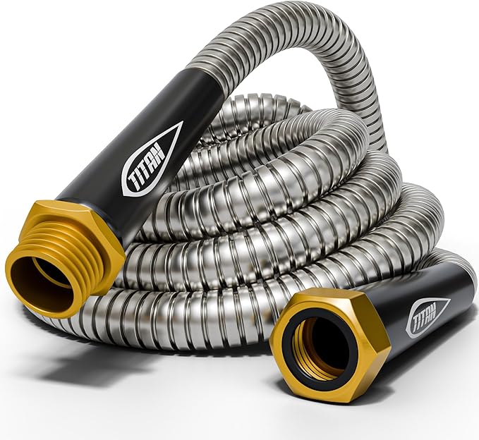 TITAN Garden Hose 25FT - 304 Stainless Steel Metal Water Hose, Flexible, Kink-Free, Lightweight, Durable, Crush Resistant Fittings, Easy to Coil, 500 PSI