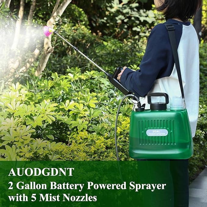 Battery Powered Sprayer 2 Gallon, Garden Sprayer with Upgraded Electric Rechargeable Handle, 5 Mist Nozzles, Transparent Tank with Scale Mark, Suitable for Lawn, Garden