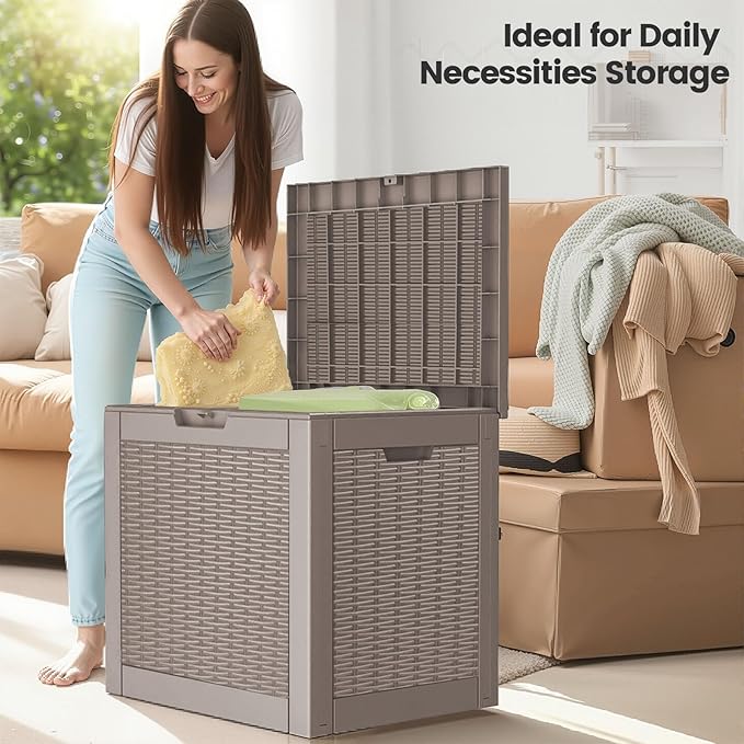 31 Gallon Outdoor Storage Box - Waterproof Resin Rattan Deck Box for Indoor & Outdoor Use - Lockable & Fade Resistant - Storage Bin for Package Delivery, Patio Cushions & Garden Tools, Brown