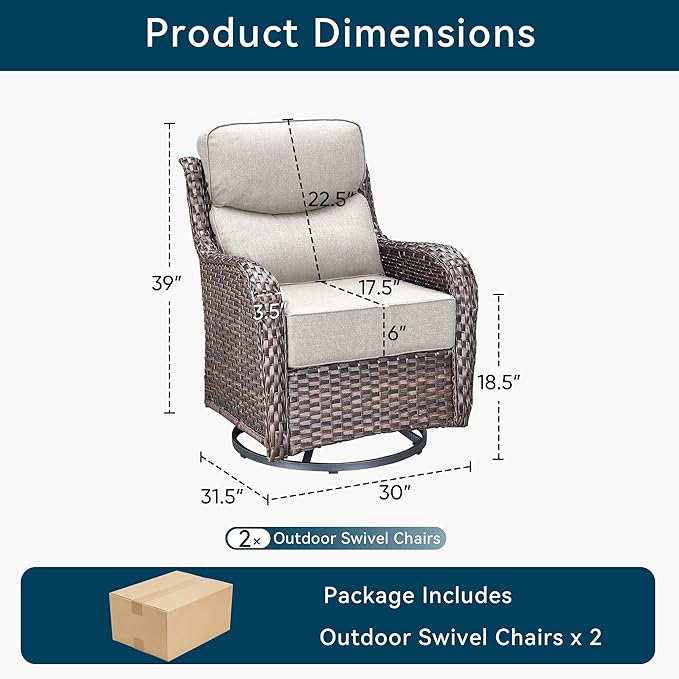 Luxury High Back Outdoor Swivel Rocker Patio Chairs with Side Table & 6-Inch Thick Cushions, 2 Pieces Patio Furniture Set for Porch, Balcony, Deck and Yard
