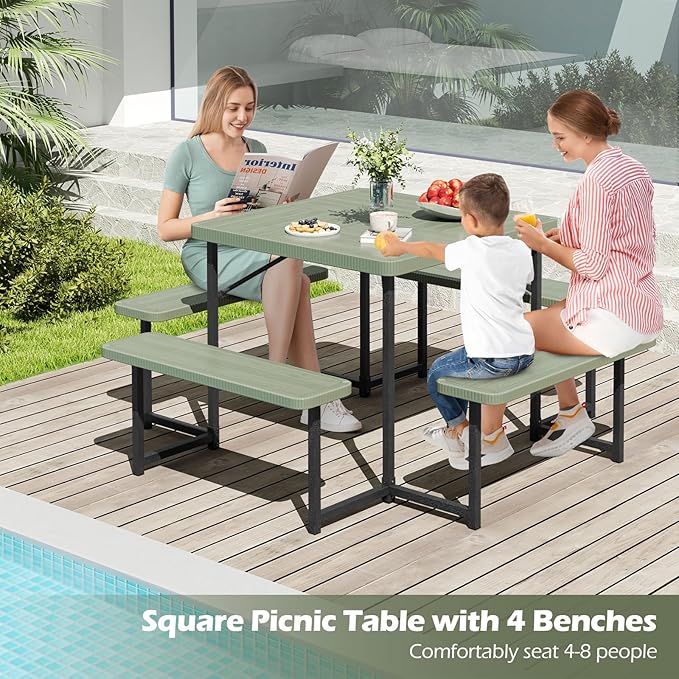 Tangkula 8 Person Picnic Table, HDPE Outdoor Square Table and Bench Set with 4 Built-in Benches, Umbrella Hole, Metal Frame for Garden Yard Patio Lawn