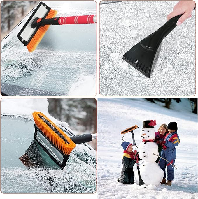 FOVAL 47.2" Extendable Ice Scraper Snow Brush with Squeegee for Windshield Window Car Trucks SUVs, 270° Pivoting Brush Head, Essential Winter Tool Ice Snow Remover with Comfortable Foam Grip