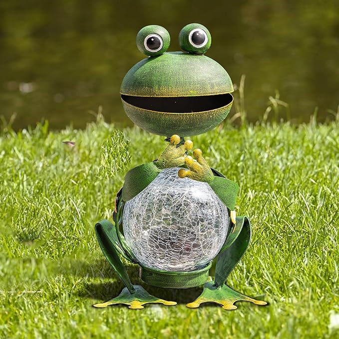 Topadorn Frog Garden Statue with Solar Lights, Outdoor Garden Metal Weatherproof Solar Frog Light Decor for Yard, Patio, Lawn, or Porch, 12" H, Gardening Ornaments Gifts