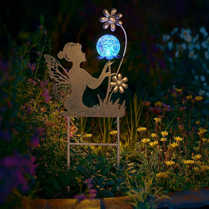 HONGLAND Fairy Garden Accesorries Solar Lights Garden Decor for Outside, Fairy Figurine Moon Lights Stake Housewarming Gifts for Patio Lawn Yard Pathway- Unique Gardening Gifts for Women Mom Grandma
