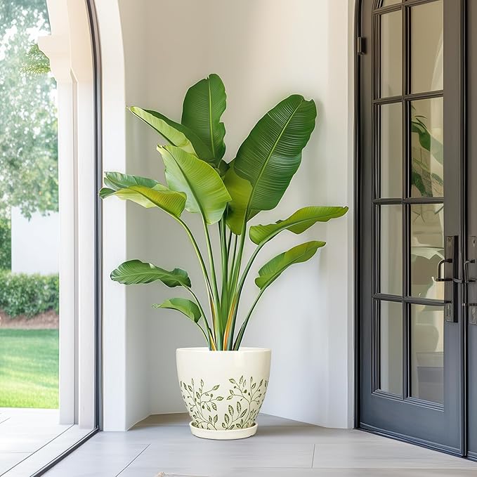 10 Inch Ceramic Planter - Ceramic Plant Pot for Indoor Outdoor Plants, Boho Round Indoor Flower Pot with Drainage Hole and Saucer, Gifts for Plant Lovers, Home Garden Apartment Decor, White