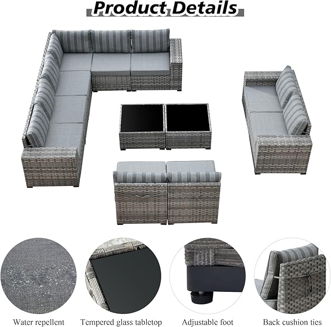 HOOOWOOO 12 Piece Modular Patio Outdoor Sectional Furniture Sofa Set,Wicker Conversation Set,Out Door Couch Set with Wide Arm for Outside All Weather(Grey Stripes)