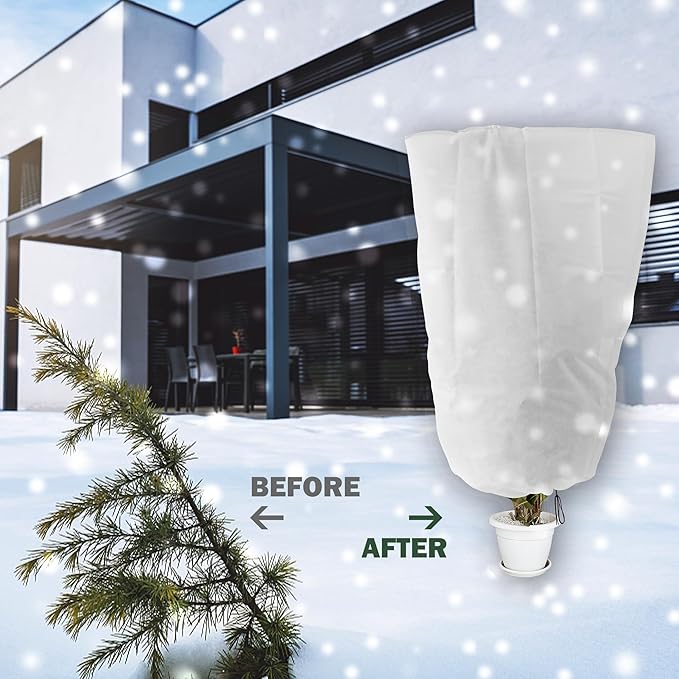 Alpurple 4 Packs Winter Drawstring Plant Covers - 47" X 31.5" Warm Plant Protection Cover Bags, Frost Cloth Blanket Protecting Fruit Tree Potted Plants from Freezing Animals Eating