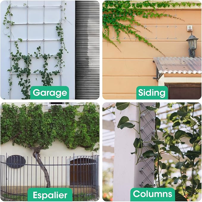 10 Sets Cylindrical Hubs Wall Trellis Kits, Wire Trellis for Climbing Plants Outdoor with 53Ft x 1/8" T316 Stainless Steel Rope, Garden Wire Trellis System for Espalier & Vertical Gardening