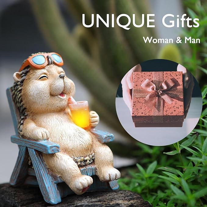 Solar Hedgehog Garden Decor Statues for Outside Lawn Yard Patio, Home Office Halloween Decorations Indoor Lights, Ideal Ornaments Birthday Gifts for Mom Women Grandma