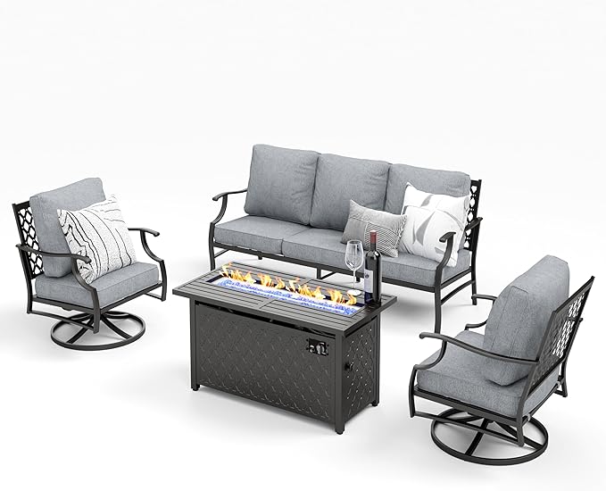 Patio Furniture Set with Firepit Table, 4 Pcs Metal Outdoor Conversation Set, 2 Swivel Chairs and 3 Seater Sofa with 5.75" Extra Thick Cushion and Gas Fire Pit Table for Backyard Deck, Grey
