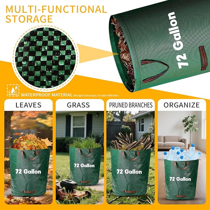 Reusable Yard Waste Bags, 72 Gallon Lawn Bags with Reinforced Handles, Ideal for Grass, Leaves, and Yard Waste - Durable and Garden Waste Bags, Collapsible Lawn Leaf Bag, Leaf Bag Stand Up.