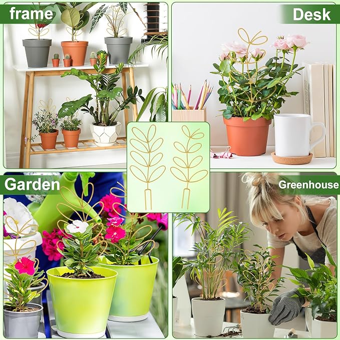 AUGSUN 2 Pcs Gold Trellis Leaf Shape 12 Inch Metal Plant Support with 50 Ties for Climbing Potted Plants Houseplant Garden Indoor Outdoor
