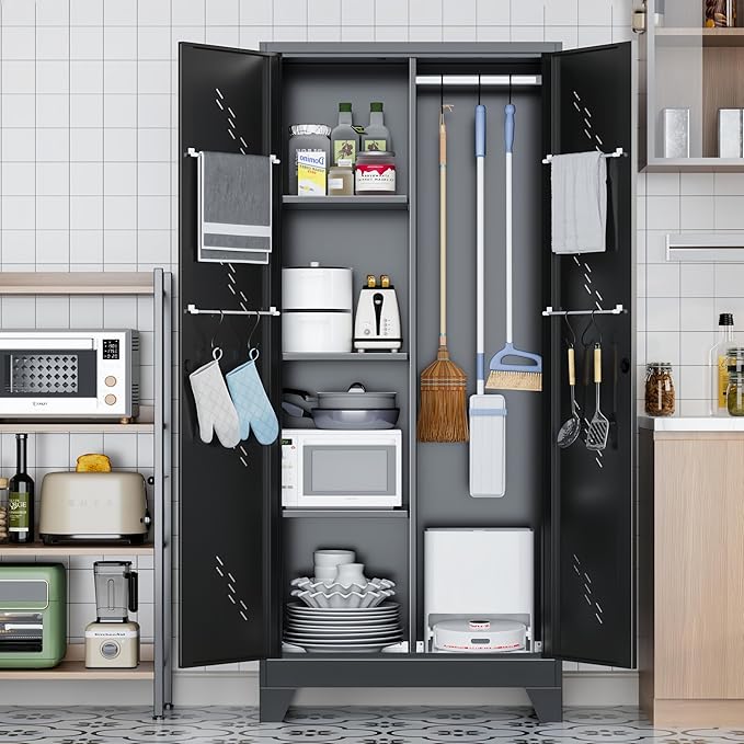 71" Outdoor Storage Cabinet – Heavy-Duty Lockable Metal Shed with Ventilated Doors, Perforated Stainless-Steel Bottom, Hanging Rod & Hooks, Easy Assembly