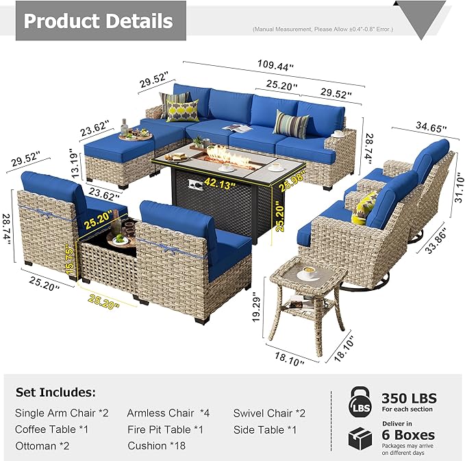 HOOOWOOO Outdoor Sectional Patio Furniture Set with Fire Pit Table,13 Pieces Wicker Conversation Sets L Shaped Couch,Extra Deep Out Door Sofa Outside Furniture with Swivel Chairs Ottomans,Navy Blue