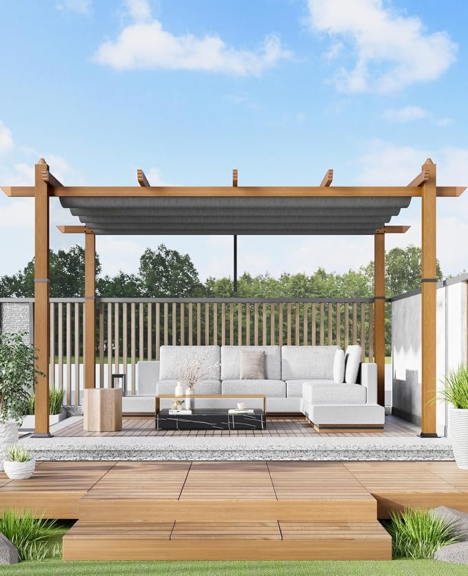 10x13 Ft Outdoor Retractable Pergola with Adjustable Roof Modern Metal Patio Gazebo, Upgraded Faux Wood Grain Aluminum Pergola for Deck, Backyard Gardens, Porches, Grapevines, Grey