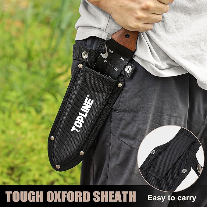 TOPLINE Hori Hori Garden Knife with Oxford Sheath, 7”Stainless Steel Blade with Cutting Edge, Full Tang Walnut Handle with Hanging Hole, Multifunctional Garden Tools for Weeding, Planting, Cutting