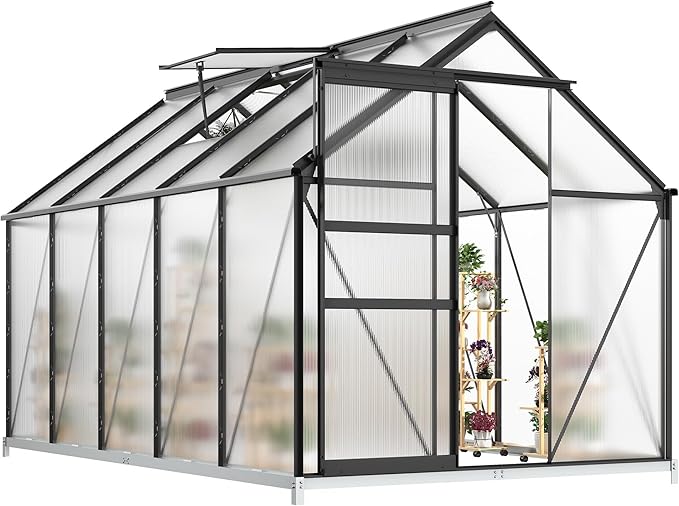 YITAHOME 10x6FT Polycarbonate Greenhouse Heavy Duty Green Houses Outdoor Aluminum Greenhouses w/ Sliding Doors Vent Window Walk-in Greenhouse for Garden Backyard, Matte Black