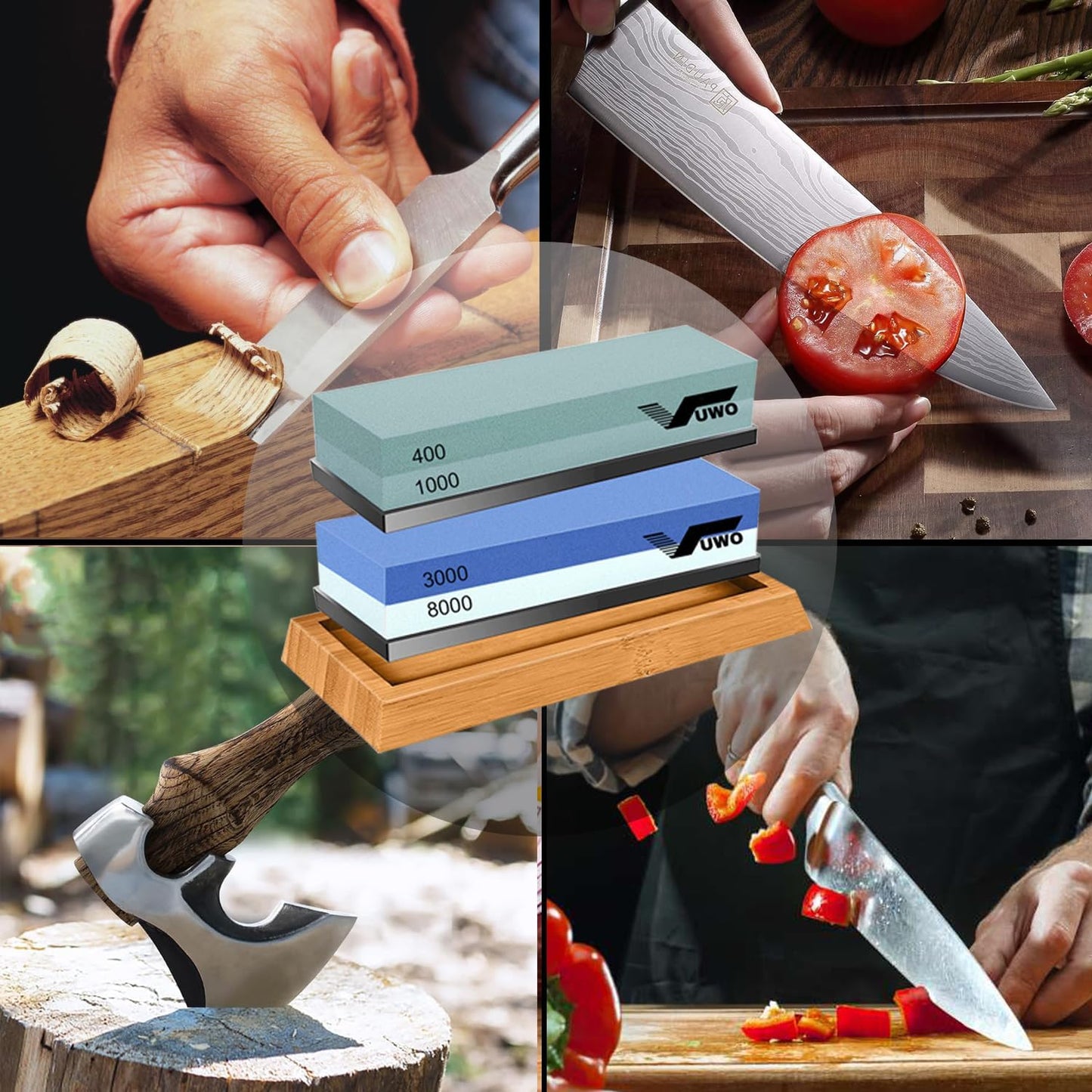 Knife Sharpening Stone Kit - Whetstone Grit 400/1000 3000/8000 Premium Knife Sharpener Wet Stone Set with Bamboo Base Angle Guide Leather Strop Flattening Stone Silicon holder