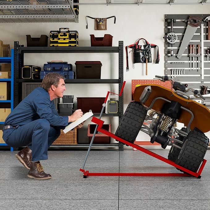 Goplus Lawn Mower Lift, 880LBS Folding Riding Mower Lift Jack with Adjustable Height, Manual Handle, Rotating Sleeve, Heavy Duty Lawn Tractor Lift, Zero Turn Mower Lift for Garden Farm, No Assembly